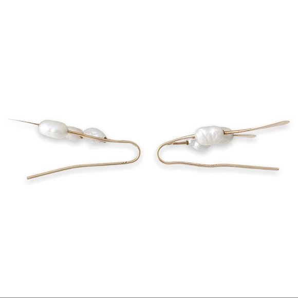 Estate 14K Gold & Genuine Pearl Branch Drop Earrings Organic Modernist Style - Picture 4 of 5